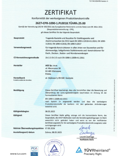 Certyfikat EN 1090 AGS Sp. z o.o. DE