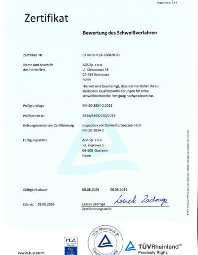 Certyfikat EN ISO 3834 AGS Sp. z o.o. DE-1