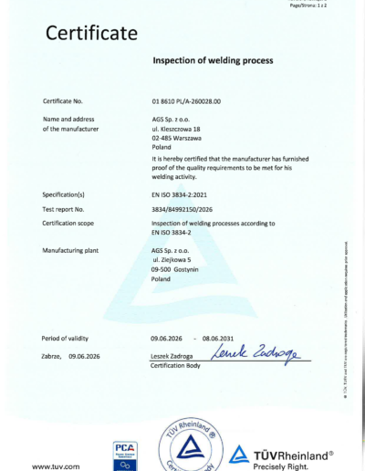 Certyfikat EN ISO 3834 AGS Sp. z o.o. ENG-1
